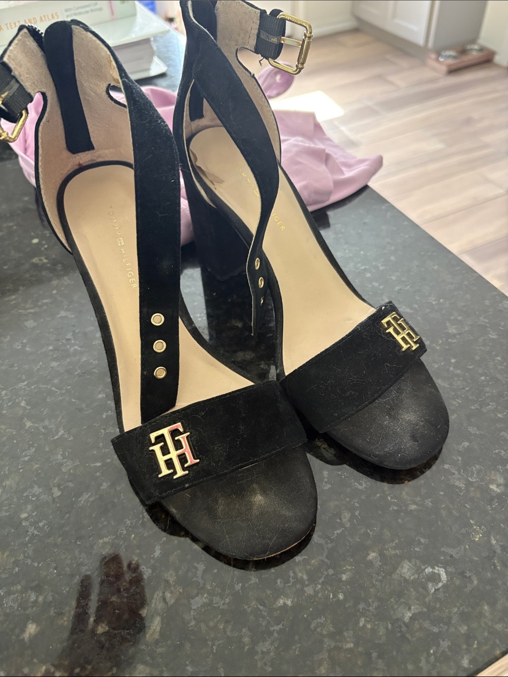 Tommy Hilfiger Black Suede Block Heel Sandals with Gold TH Logo